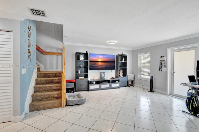 5565 SW 43rd St, Davie, FL 33314 - living room with ornamental molding, stairs, light tile patterned floors, baseboards, and a textured ceiling