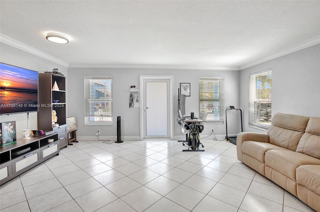 5565 SW 43rd St, Davie, FL 33314 - living area featuring ornamental molding, healthy amount of natural light, baseboards, light tile patterned floors, and a textured ceiling