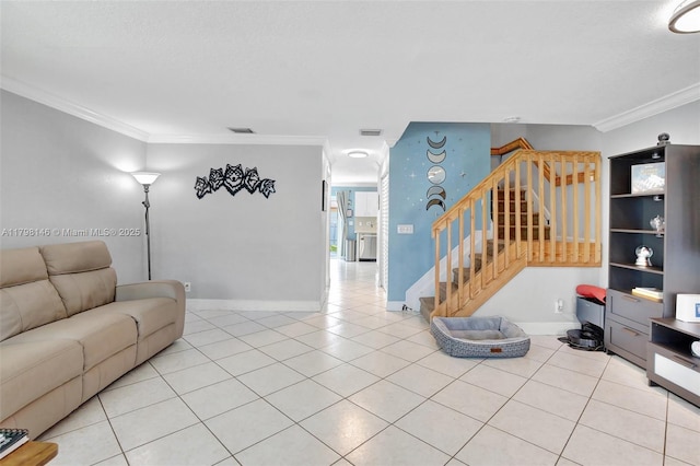 5565 SW 43rd St, Davie, FL 33314 - living room featuring stairs, ornamental molding, baseboards, and tile patterned flooring
