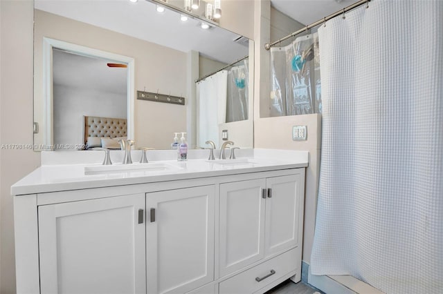5565 SW 43rd St, Davie, FL 33314 - full bathroom featuring double vanity and curtained shower