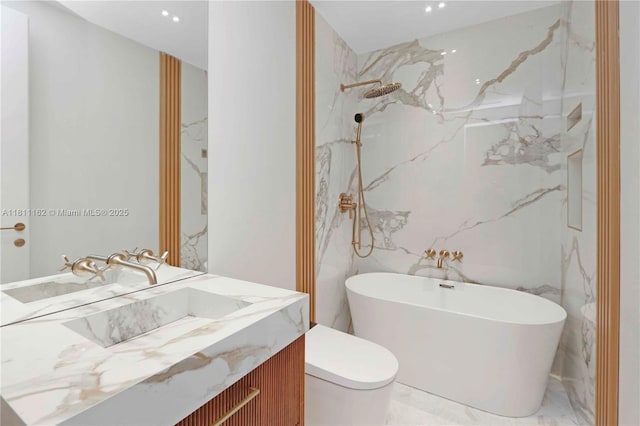 330 SW 19th Rd, Miami, FL 33129 - full bath featuring a soaking tub, vanity, marble tiled floors, and a marble finish shower
