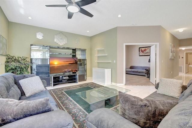 13220 NW 11th Ct, Sunrise, FL 33323 - living room featuring a ceiling fan, tile patterned floors, and recessed lighting