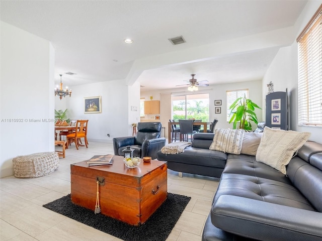 1030 Bamboo Ln, Weston, FL 33327 - living area featuring a chandelier, ceiling fan, recessed lighting, and light tile patterned floors