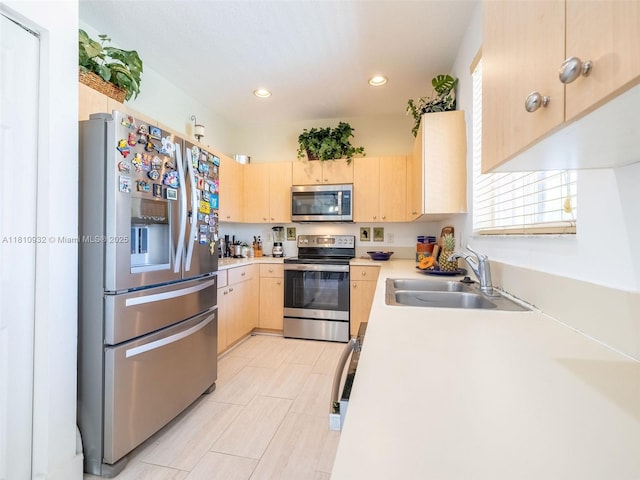 1030 Bamboo Ln, Weston, FL 33327 - kitchen featuring stainless steel appliances, light brown cabinets, a sink, light countertops, and recessed lighting