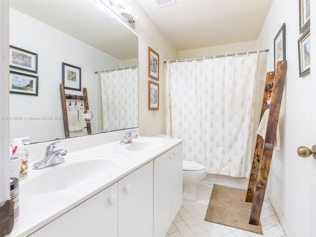 1030 Bamboo Ln, Weston, FL 33327 - bathroom with tile patterned flooring, double vanity, toilet, and curtained shower
