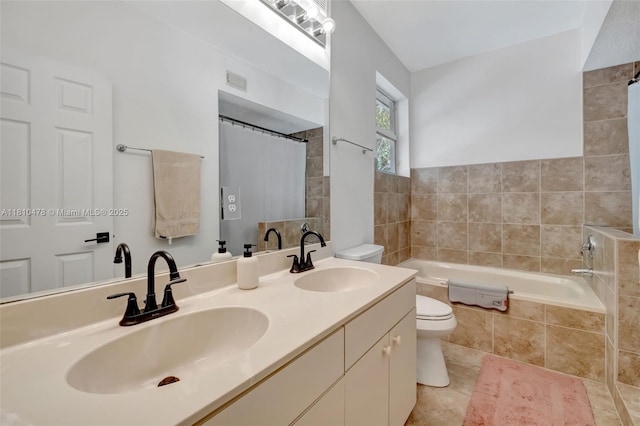 4413 NW 97th Pl, Doral, FL 33178 - full bathroom featuring toilet, tiled tub, double vanity, and curtained shower