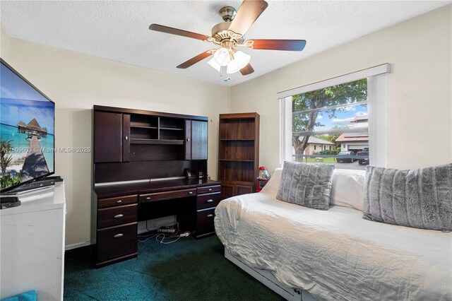 988 NW 110th Ave, Coral Springs, FL 33071 - bedroom with dark colored carpet, ceiling fan, and a textured ceiling