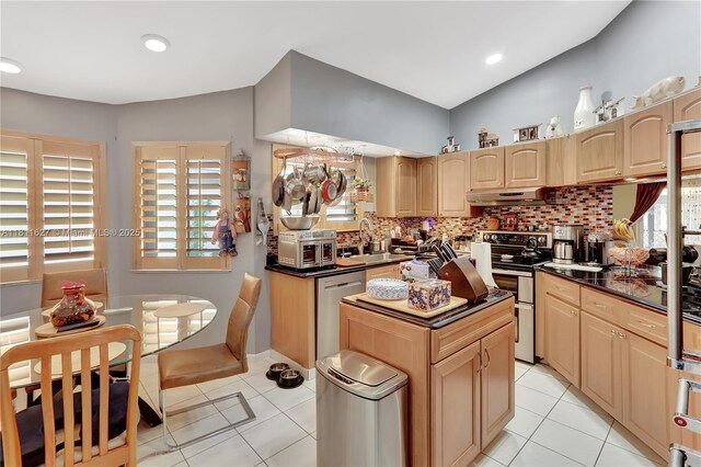 3720 NW 20th St, Coconut Creek, FL 33066 - kitchen featuring stainless steel appliances, dark countertops, a sink, backsplash, and under cabinet range hood