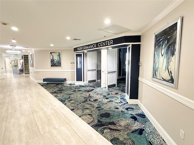 5154 Floria Dr Unit O, Boynton Beach, FL 33437 - hall featuring ornamental molding, attic access, recessed lighting, baseboards, and carpet floors
