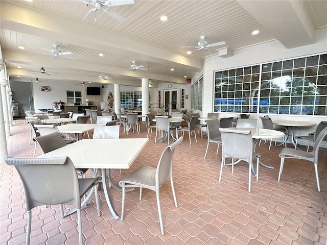 5154 Floria Dr Unit O, Boynton Beach, FL 33437 - dining room with a ceiling fan, a wooden ceiling with exposed beams, and recessed lighting