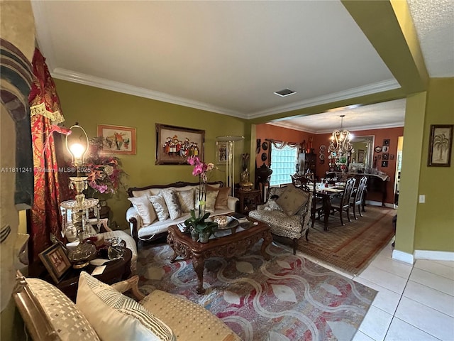 11920 SW 20th St, Miramar, FL 33025 - tiled living room with a chandelier, ornamental molding, and baseboards