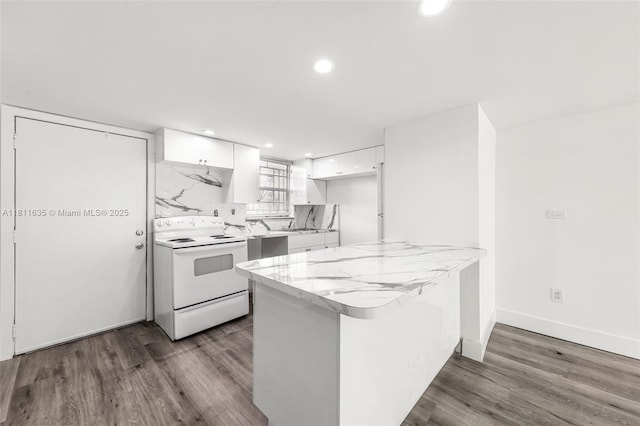 1461 NE 150th St Unit 103, Miami, FL 33161 - kitchen with white electric range oven, white cabinets, a peninsula, wood finished floors, and recessed lighting