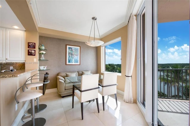 13627 Deering Bay Dr Unit 402, Coral Gables, FL 33158 - dining area featuring ornamental molding, baseboards, light tile patterned floors, and recessed lighting