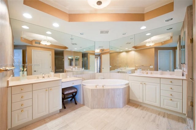 13627 Deering Bay Dr Unit 402, Coral Gables, FL 33158 - full bathroom with crown molding, a bath, two vanities, recessed lighting, and a tray ceiling
