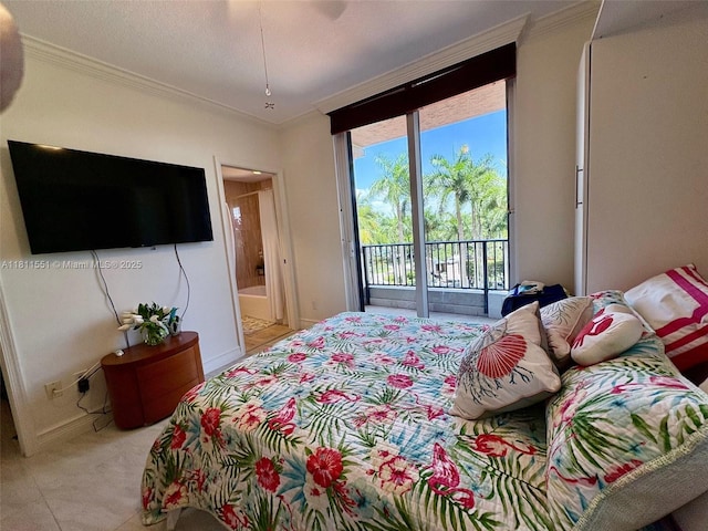 13627 Deering Bay Dr Unit 402, Coral Gables, FL 33158 - bedroom featuring access to exterior, ornamental molding, connected bathroom, light carpet, and baseboards