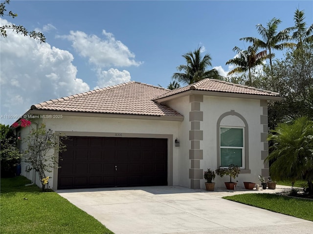 16306 SW 11th St, Pembroke Pines, FL 33027 - mediterranean / spanish house featuring an attached garage, driveway, stucco siding, and a tile roof
