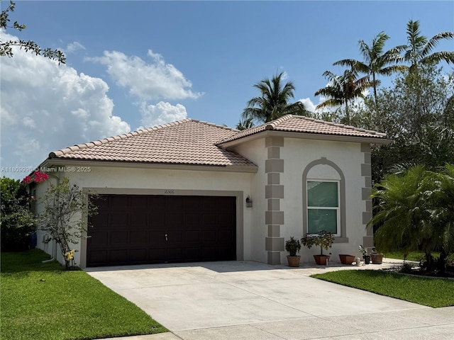 16306 SW 11th St, Pembroke Pines, FL 33027 - mediterranean / spanish-style home featuring a garage, concrete driveway, stucco siding, a tiled roof, and a front yard
