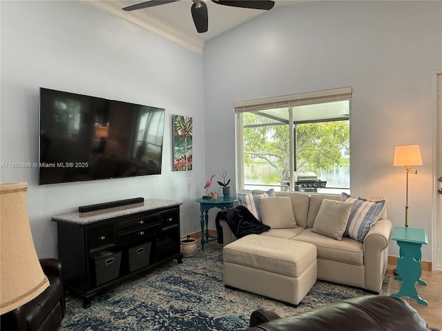 16306 SW 11th St, Pembroke Pines, FL 33027 - living room featuring ceiling fan, ornamental molding, and a towering ceiling