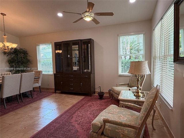 16306 SW 11th St, Pembroke Pines, FL 33027 - living area with a chandelier, baseboards, a ceiling fan, recessed lighting, and light tile patterned floors