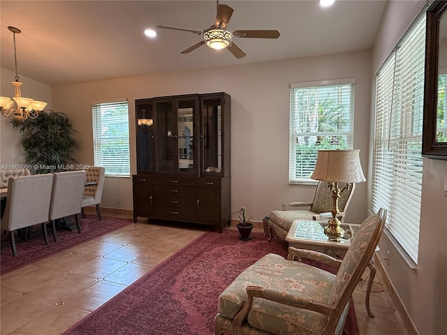 16306 SW 11th St, Pembroke Pines, FL 33027 - sitting room with a chandelier, plenty of natural light, baseboards, a ceiling fan, and recessed lighting