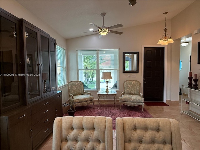 16306 SW 11th St, Pembroke Pines, FL 33027 - sitting room with lofted ceiling, a ceiling fan, and light tile patterned floors