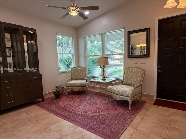 16306 SW 11th St, Pembroke Pines, FL 33027 - living area featuring a ceiling fan, lofted ceiling, light tile patterned floors, and baseboards