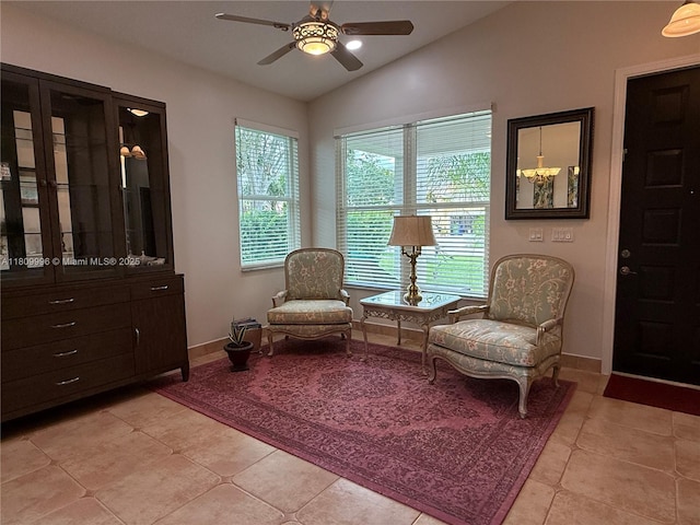 16306 SW 11th St, Pembroke Pines, FL 33027 - sitting room featuring lofted ceiling, ceiling fan, light tile patterned floors, and baseboards