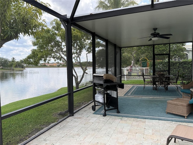 16306 SW 11th St, Pembroke Pines, FL 33027 - sunroom with a water view, ceiling fan, and plenty of natural light