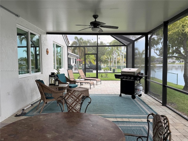 16306 SW 11th St, Pembroke Pines, FL 33027 - sunroom / solarium featuring a ceiling fan and a water view