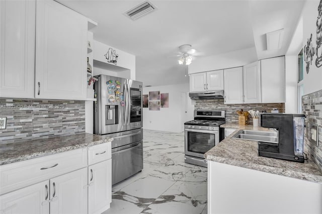 12351 NW 29th Mnr, Sunrise, FL 33323 - kitchen featuring appliances with stainless steel finishes, under cabinet range hood, a sink, a ceiling fan, and white cabinets