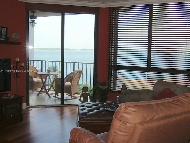 520 Brickell Key Dr Unit A811, Miami, FL 33131 - living area featuring a water view, healthy amount of natural light, and wood finished floors
