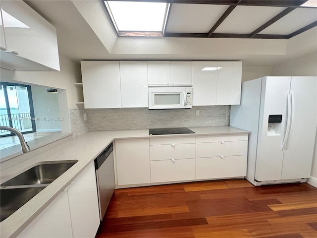 520 Brickell Key Dr Unit A811, Miami, FL 33131 - kitchen with white appliances, a sink, white cabinetry, open shelves, and wood finished floors