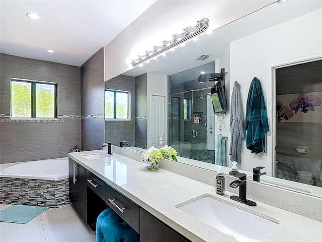 21241 SW 88th Pl, Cutler Bay, FL 33189 - bathroom with double vanity, a bath, plenty of natural light, a shower stall, and recessed lighting