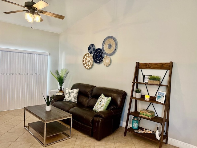 20390 NW 2nd St, Pembroke Pines, FL 33029 - living room featuring ceiling fan, light tile patterned floors, and baseboards