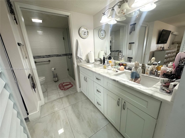 13700 SW 14th St Unit 412D, Pembroke Pines, FL 33027 - full bath with marble finish floors, double vanity, toilet, a stall shower, and a chandelier