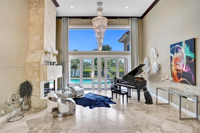 10427 Stonebridge Blvd, Boca Raton, FL 33498 - living room with french doors, crown molding, baseboards, and a high ceiling
