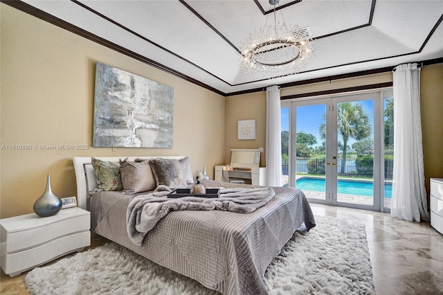 10427 Stonebridge Blvd, Boca Raton, FL 33498 - bedroom with french doors, access to exterior, a chandelier, crown molding, and a textured wall
