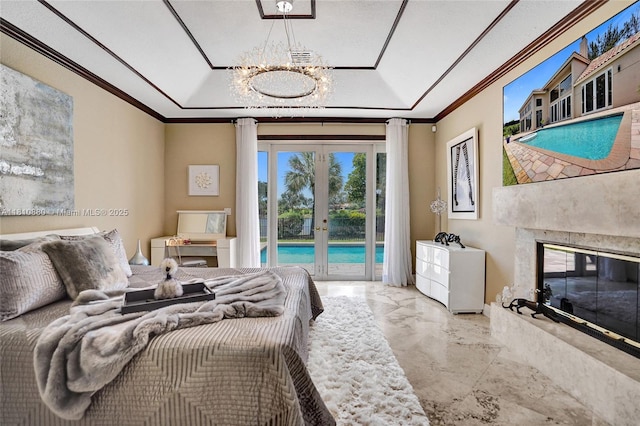 10427 Stonebridge Blvd, Boca Raton, FL 33498 - bedroom with marble tiled floors, access to exterior, crown molding, french doors, and a chandelier