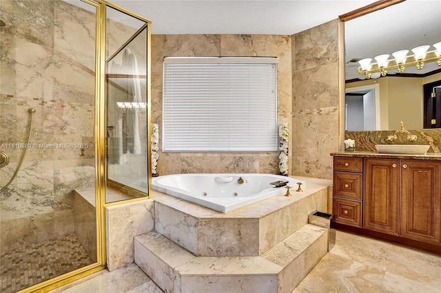 10427 Stonebridge Blvd, Boca Raton, FL 33498 - full bathroom with a shower stall, a tub with jets, vanity, marble finish flooring, and tile walls