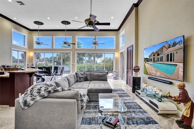 10427 Stonebridge Blvd, Boca Raton, FL 33498 - living room with ornamental molding, ceiling fan, a high ceiling, recessed lighting, and light marble finish flooring