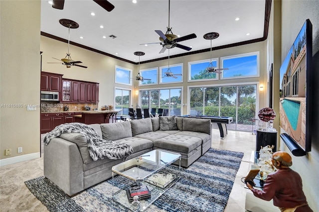 10427 Stonebridge Blvd, Boca Raton, FL 33498 - living room featuring a ceiling fan, ornamental molding, a towering ceiling, billiards table, and recessed lighting