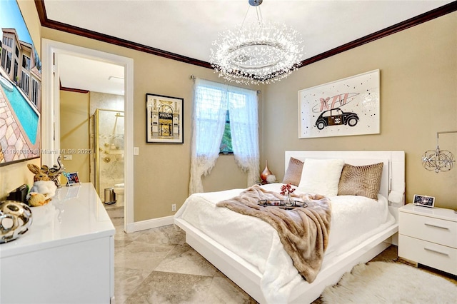 10427 Stonebridge Blvd, Boca Raton, FL 33498 - bedroom with ornamental molding, a chandelier, ensuite bathroom, and baseboards