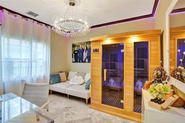 10427 Stonebridge Blvd, Boca Raton, FL 33498 - living room with a relaxing sauna, a chandelier, and ornamental molding