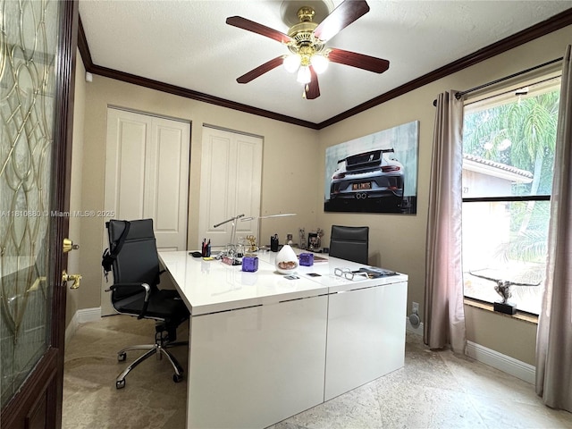 10427 Stonebridge Blvd, Boca Raton, FL 33498 - home office featuring ceiling fan, baseboards, and ornamental molding