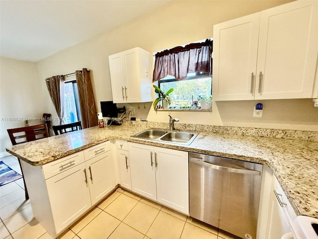 3721 NE 4th Unit 4Th, Homestead, FL 33033 - kitchen with stainless steel dishwasher, a peninsula, white cabinets, light tile patterned floors, and light stone counters