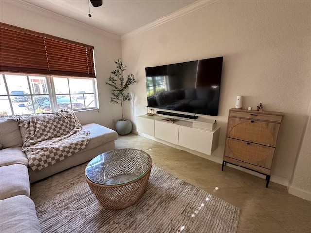 12464 SW 42nd St, Miramar, FL 33027 - living area featuring ornamental molding, baseboards, and a ceiling fan
