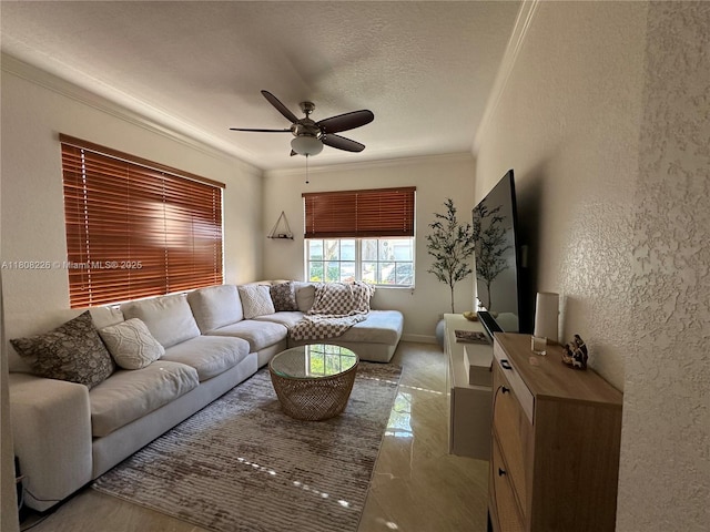 12464 SW 42nd St, Miramar, FL 33027 - living room featuring ornamental molding, a ceiling fan, a textured wall, baseboards, and a textured ceiling