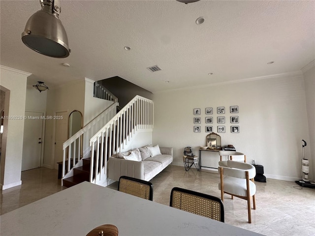 12464 SW 42nd St, Miramar, FL 33027 - living area featuring crown molding, stairs, a desk, baseboards, and a textured ceiling