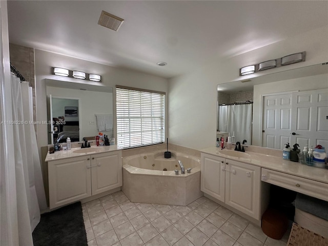 12464 SW 42nd St, Miramar, FL 33027 - full bathroom with a tub with jets, tile patterned floors, vanity, and curtained shower