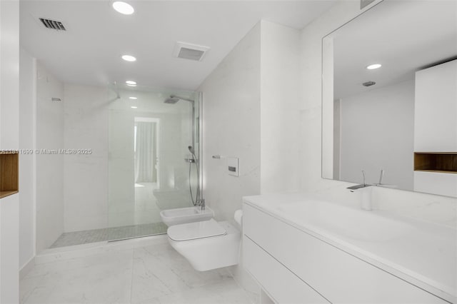 770 NE 69th St Unit 6C, Miami, FL 33138 - full bath with a bidet, toilet, recessed lighting, a marble finish shower, and vanity